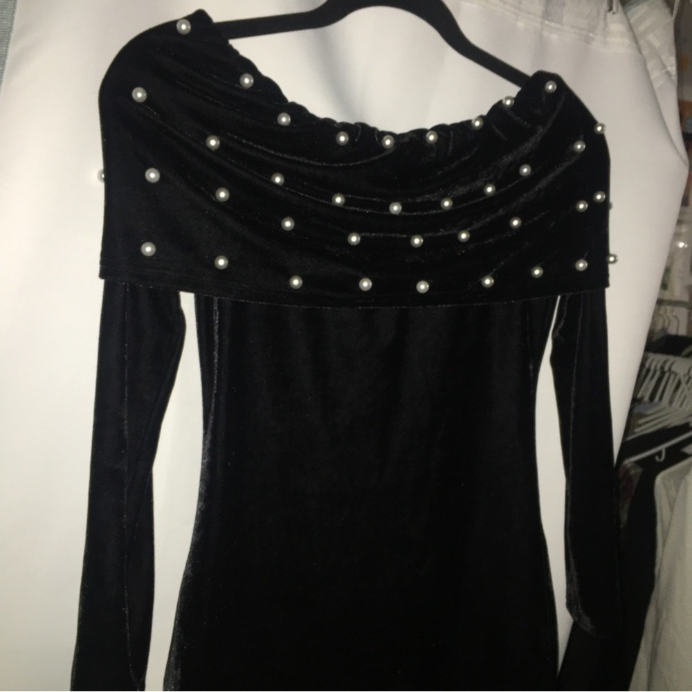 free gift * Fits xs-m black velvet pearl boat neck shoulder evening gown